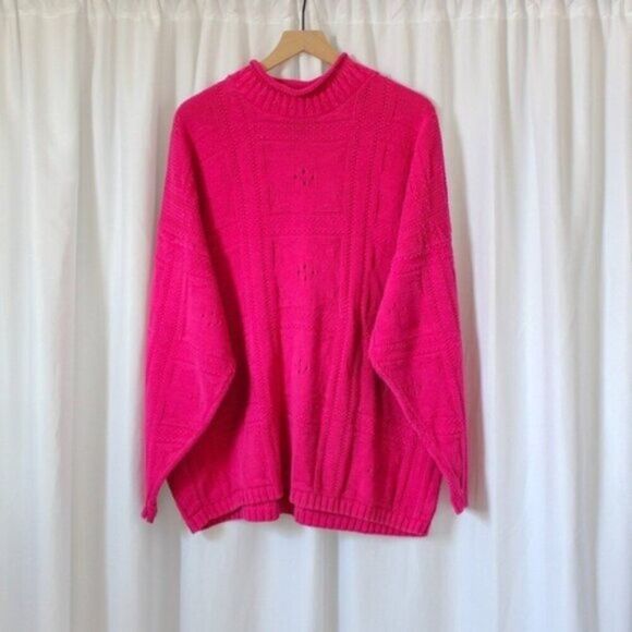 Vintage Sweaters - Vintage Alps Bright Pink Mockneck Knit Sweater Large